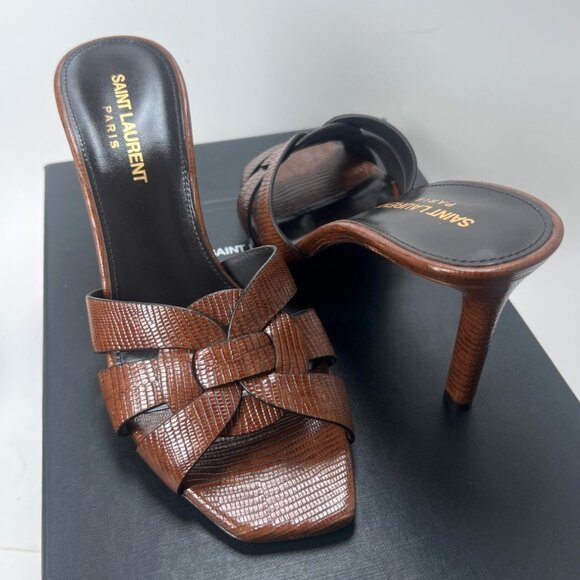 Saint Laurent Tribute Leather Heeled Mules Brown Women Slides Size 37 US7.5 - Picture 1 of 13